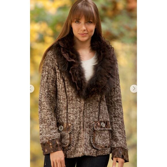 Y2K Size M Fairy Grunge Ruffled Cardigan Racoon Fur Trim Whimsigoth Brown - Picture 3 of 10